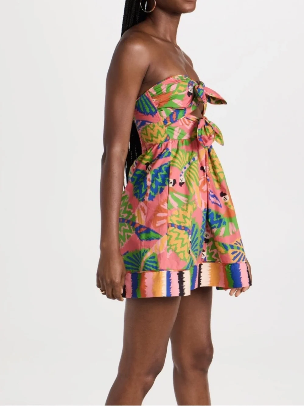FARM Rio Strapless Graphic Macaw Mini Dress in Pink, Green & Blue Small - Picture 2 of 5